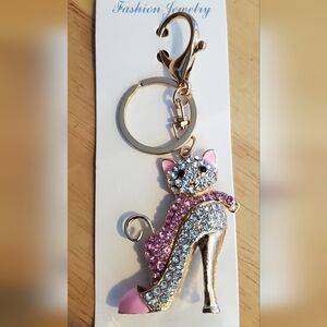 Gold and Pink Kitten In A High Heel Shoe. Keychain/Bag Charm.